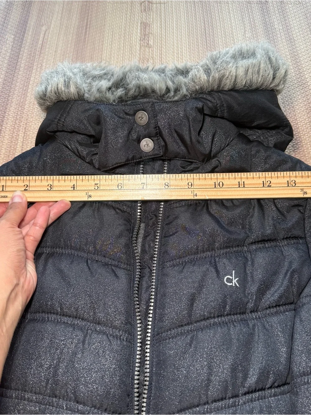 Calvin Klein Jeans Girls Size M 8/10 Black Shimmer Hooded Long Puffer Coat